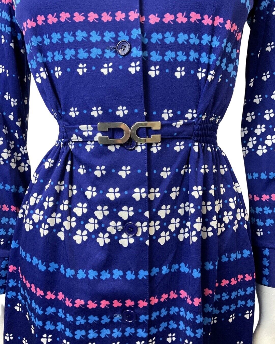 VINTAGE 70s 90s BLUE WHITE PINK CLOVER FLOWER BELTED SHIRT MIDI DRESS 6 8