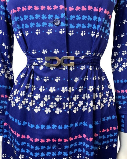 VINTAGE 70s 90s BLUE WHITE PINK CLOVER FLOWER BELTED SHIRT MIDI DRESS 6 8