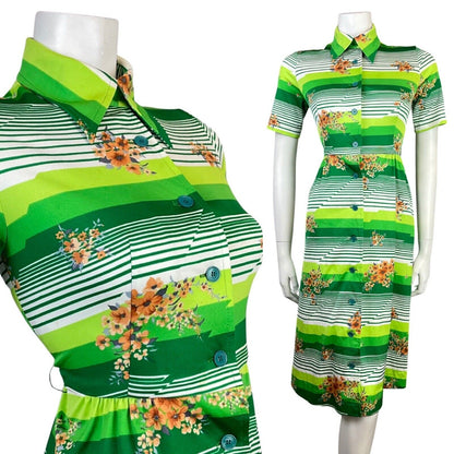 VINTAGE 60s 70s GREEN WHITE ORANGE STRIPED FLORAL MOD DAGGER SHIRT DRESS 8 10