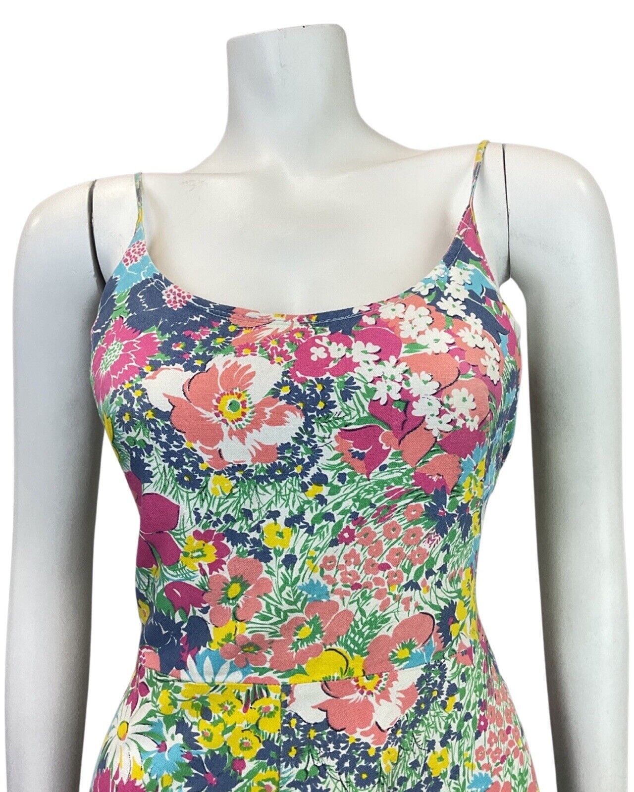 VINTAGE 60s 70s BLUE PINK GREEN FLORAL PSYCHEDELIC STRAPPY SUMMER SUNDRESS 10 12