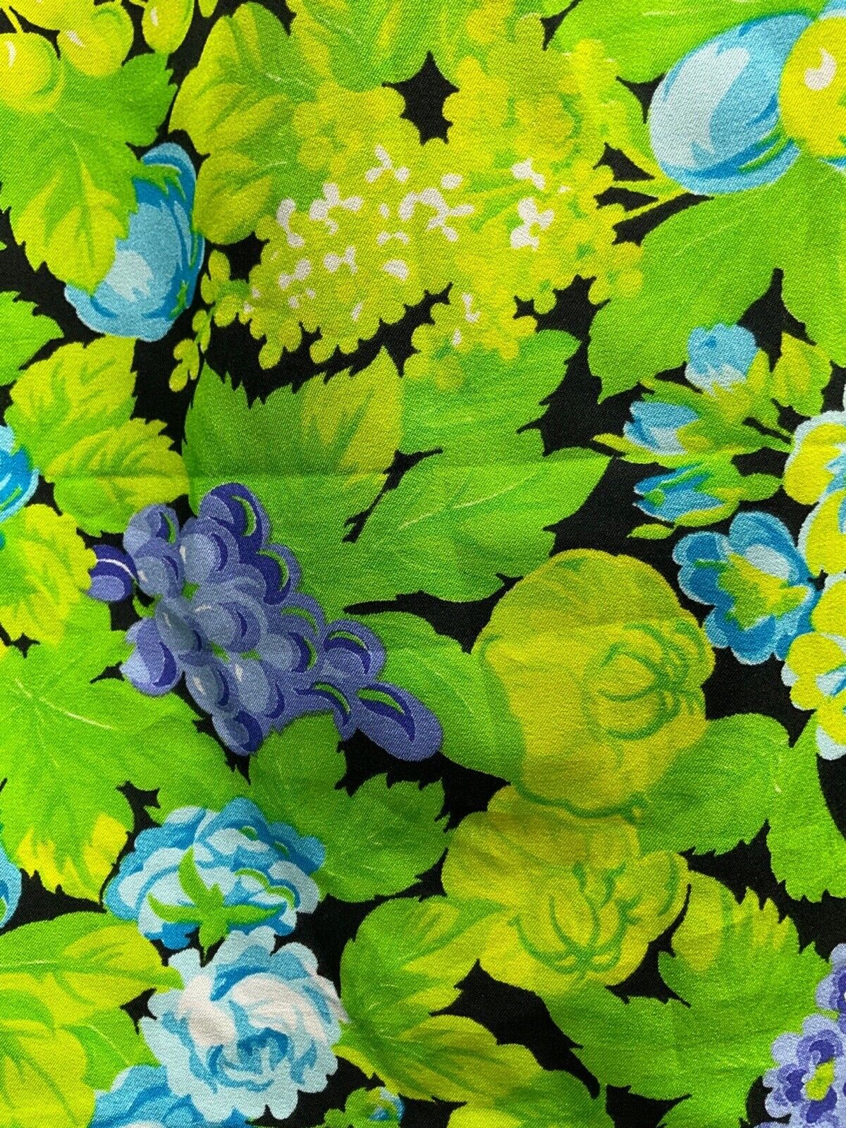 VINTAGE 60s 70s GREEN BLACK BLUE FLORAL GRAPES SLEEVELESS SUMMER DRESS 10 12
