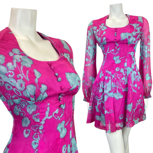 VINTAGE 60s 70s PINK BLUE FLORAL MOD SHEER SWING SHORT DRESS 8 10