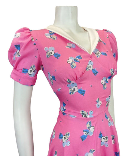 VINTAGE 60s 70s BUBBLEGUM PINK BLUE FLORAL BERRY SWING TEA DRESS 8