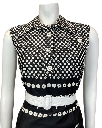 VINTAGE 60s 70s BLACK WHITE FLORAL DAISY MOD SLEEVELESS DAGGER SHIRT DRESS 10 12
