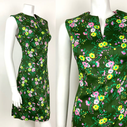 VINTAGE 60s 70s PINE GREEN PINK YELLOW PURPLE FLORAL DOTTY SLEEVELESS DRESS 12