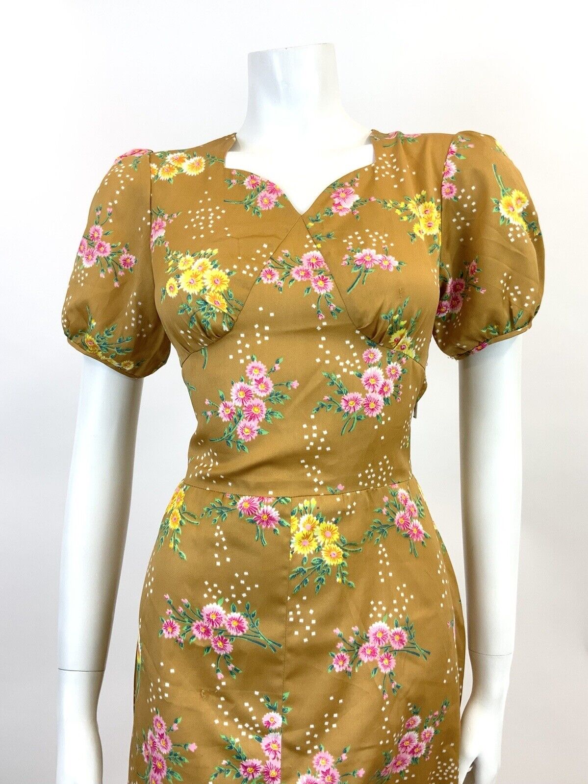 VTG 60s 70s GOLDEN BROWN  TAN GREEN PINK FLORAL DOTTY PUFF SLEEVE TEA DRESS 10