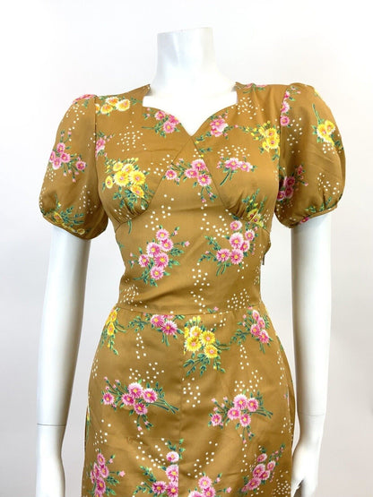 VTG 60s 70s GOLDEN BROWN  TAN GREEN PINK FLORAL DOTTY PUFF SLEEVE TEA DRESS 10