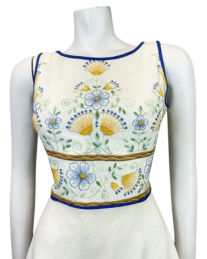 VINTAGE 60s 70s CREAM BLUE YELLOW FLORAL EMBROIDERED SLEEVELESS DRESS 10
