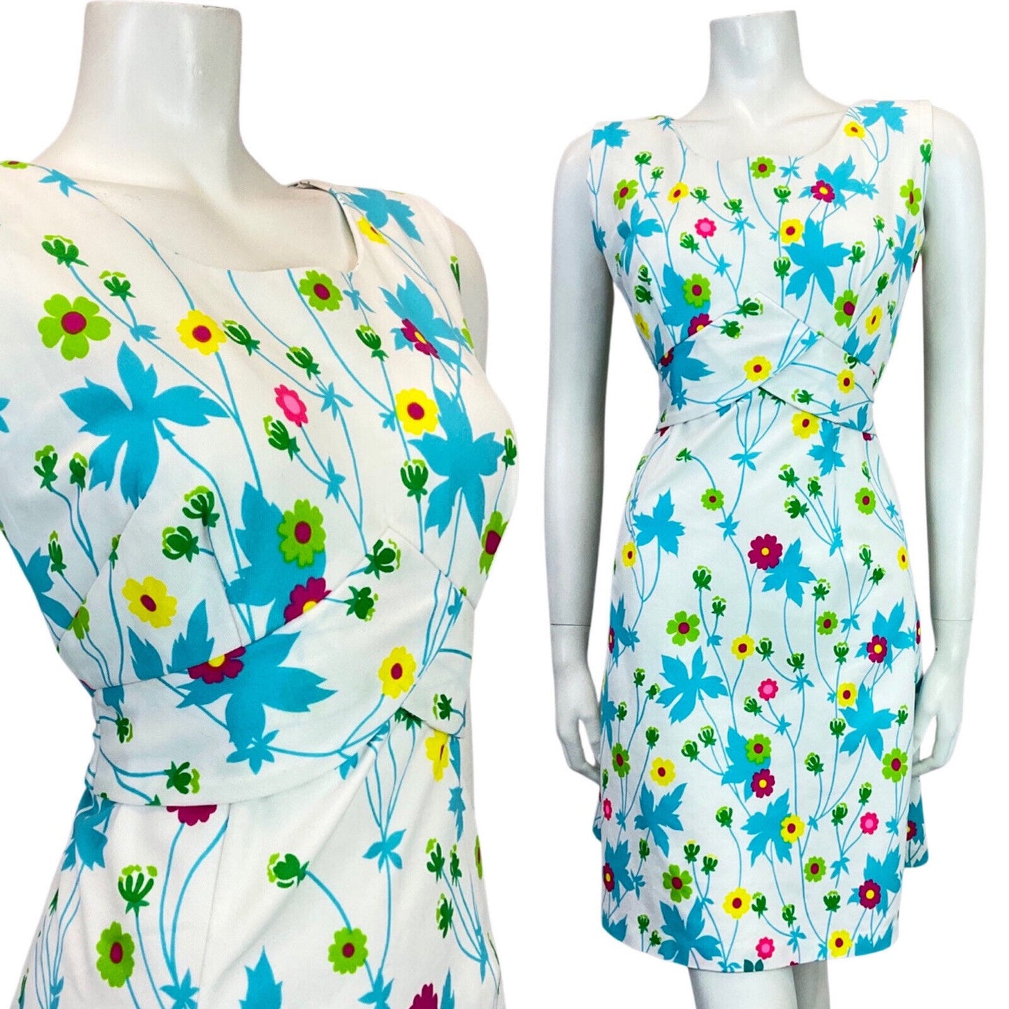 VINTAGE 60s 70s WHITE BLUE GREEN YELLOW FLORAL DAISY MOD SLEEVELESS SUNDRESS 10