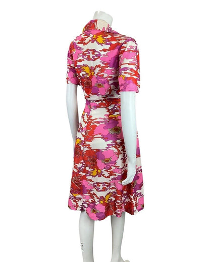 VINTAGE 60s 70s PINK RED PURPLE PSYCHEDELIC FLORAL MOD DAGGER SHIRT DRESS 10 12