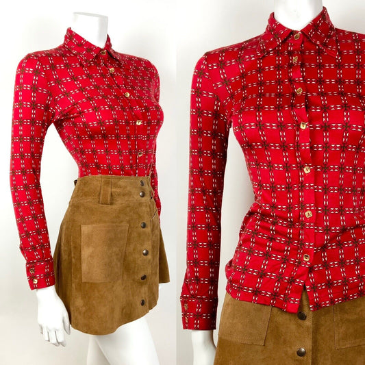 VINTAGE 60s 70s RED GREEN WHITE CHECKED GRID GEOMETRIC MOD DAGGER SHIRT 6 8