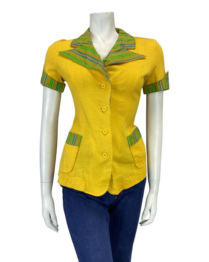 VINTAGE 60s 70s YELLOW GREEN ORANGE STRIPED MOD SHORT SLEEVE BLOUSE 8