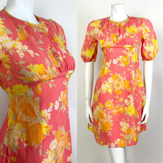 VINTAGE 60s 70s PINK YELLOW ORANGE FLORAL PUFF SLEEVE MOD EMPIRE LINE DRESS 8