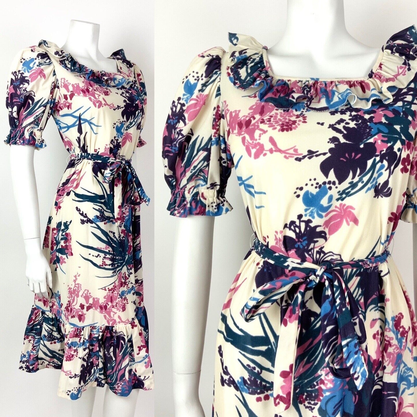 VINTAGE 60s 70s CREAM PURPLE BLUE FLORAL LEAFY RUFFLED BELTED DRESS 8 10