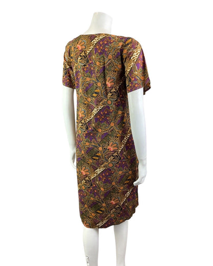 VINTAGE 60s 70s PURPLE GREEN GOLD PSYCHEDELIC FLORAL PAISLEY TENT DRESS 12 14