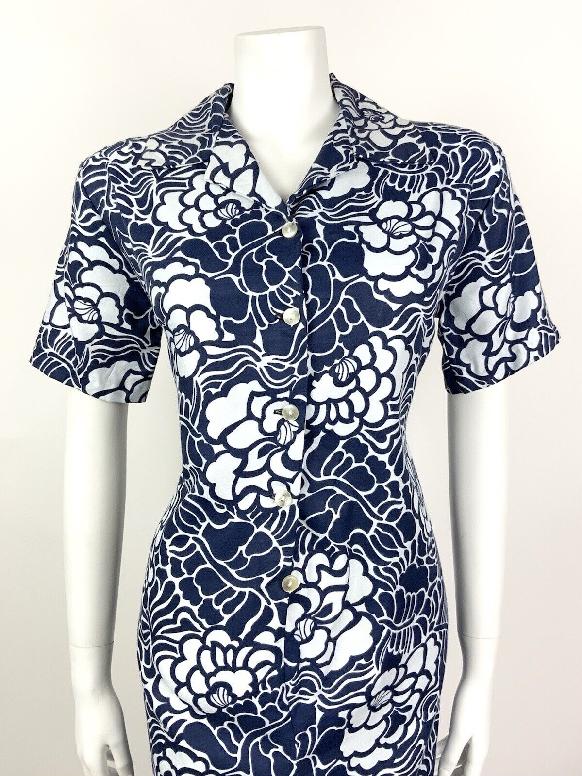 VINTAGE 60s 70s NAVY BLUE WHITE FLORAL LEAFY PSYCHEDELIC SHIRT DRESS 14 16