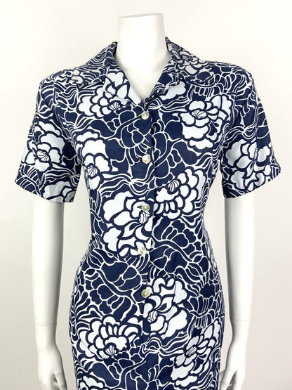 VINTAGE 60s 70s NAVY BLUE WHITE FLORAL LEAFY PSYCHEDELIC SHIRT DRESS 14 16