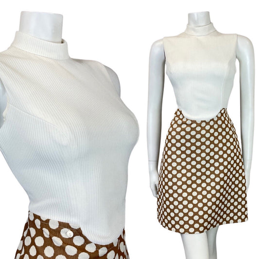 VINTAGE 60s 70s BROWN WHITE POLKA DOT MOD SLEEVELESS SUMMER DRESS 8 10