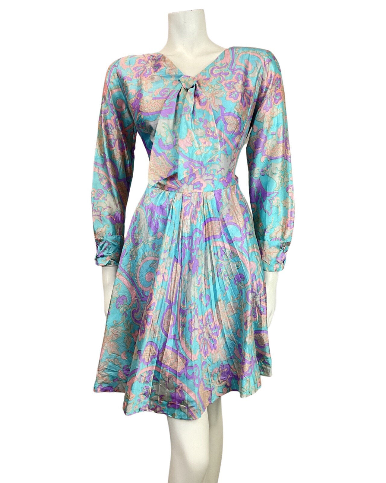 VINTAGE 60s 70s BLUE PURPLE GREY PSYCHEDELIC FLORAL SILK BOW SWING DRESS 12 14