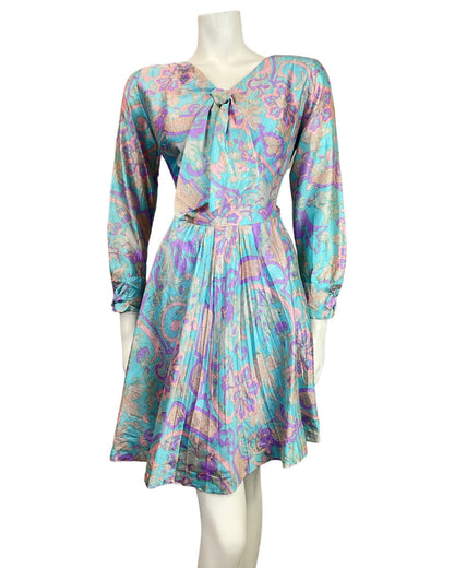 VINTAGE 60s 70s BLUE PURPLE GREY PSYCHEDELIC FLORAL SILK BOW SWING DRESS 12 14