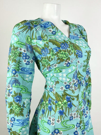 VINTAGE 70s BLUE GREEN GREY FLORAL BIRD PAGODA ORIENTAL SWING DRESS 10 12