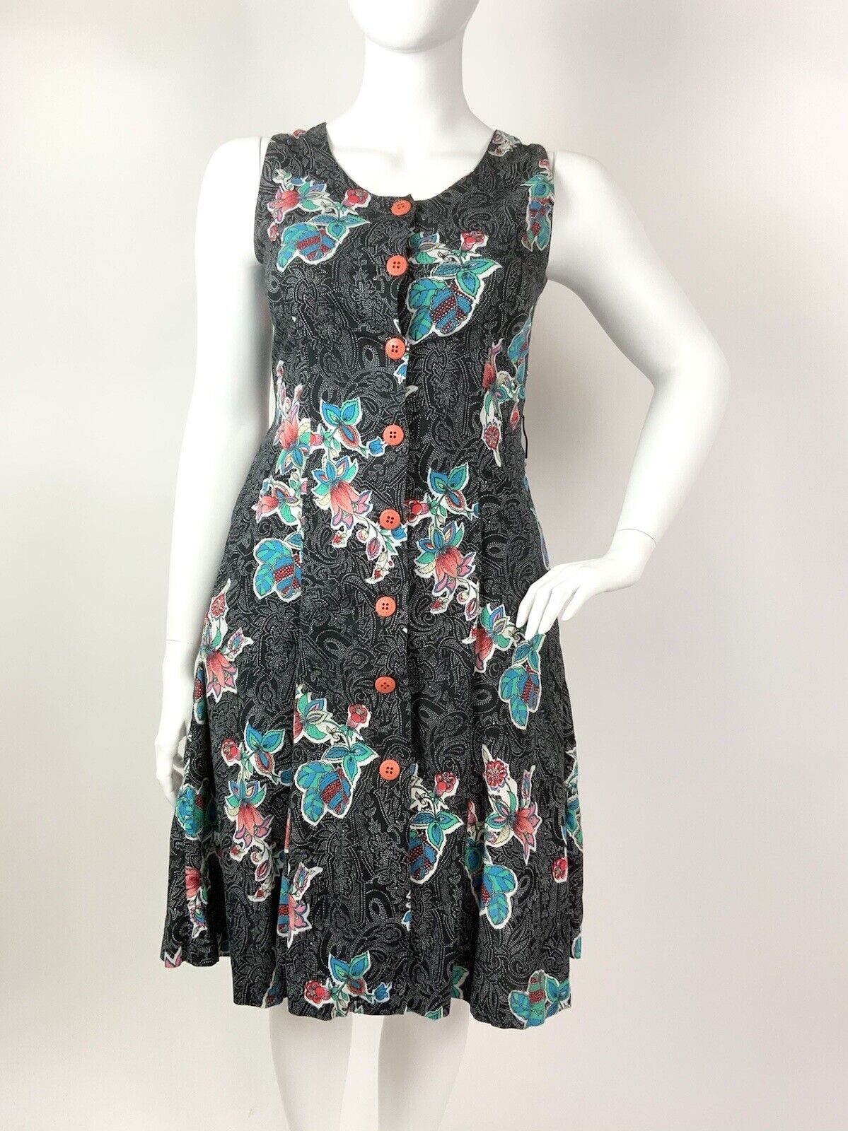VINTAGE 70s 80s BLACK WHITE BLUE ORANGE DOTTY FLORAL PAISLEY SLEEVELESS DRESS 16