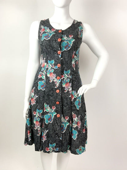 VINTAGE 70s 80s BLACK WHITE BLUE ORANGE DOTTY FLORAL PAISLEY SLEEVELESS DRESS 16