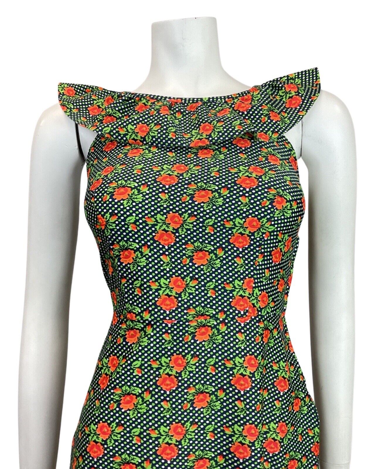 VINTAGE 60s 70s BLUE GREEN ORANGE POLKA-DOT FLORAL ROSE RUFFLE SUMMER DRESS 4