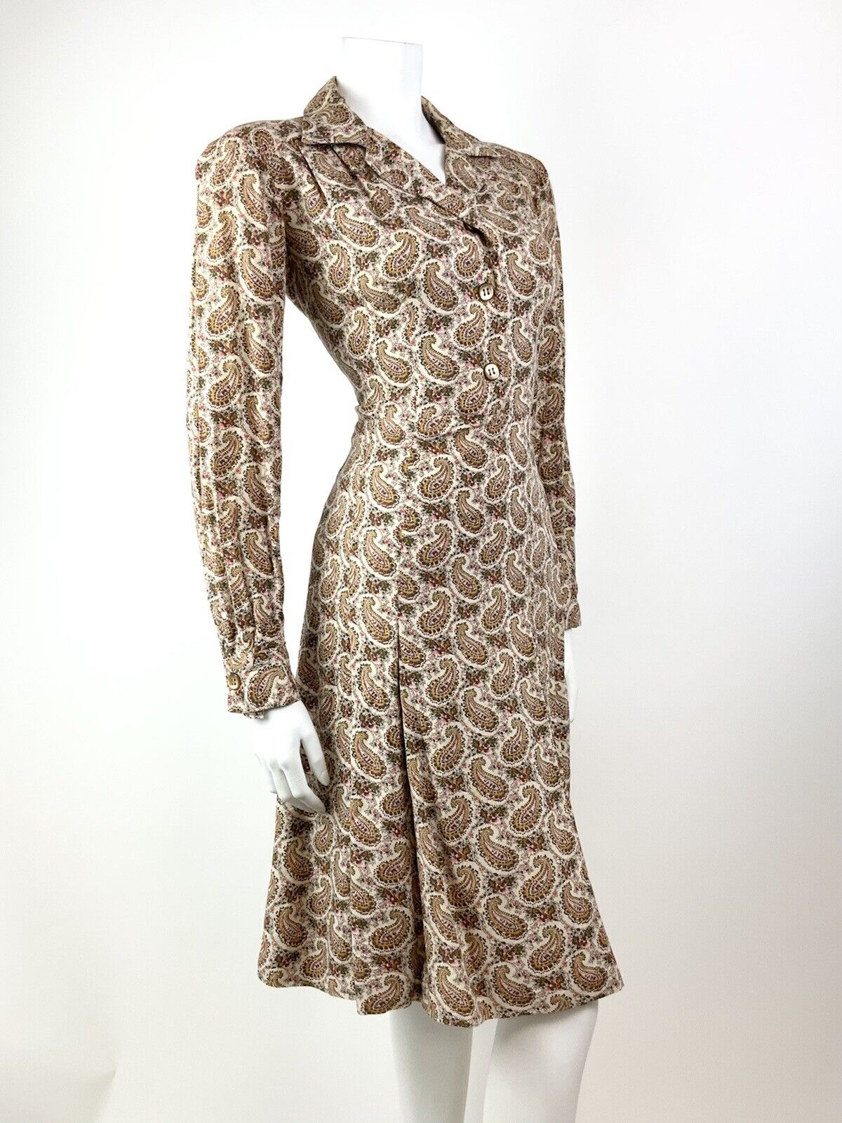 VINTAGE 60s 70s CREAM BROWN GREEN FLORAL PAISLEY BOTEH LONGLSEEVE SHIRT DRESS 10