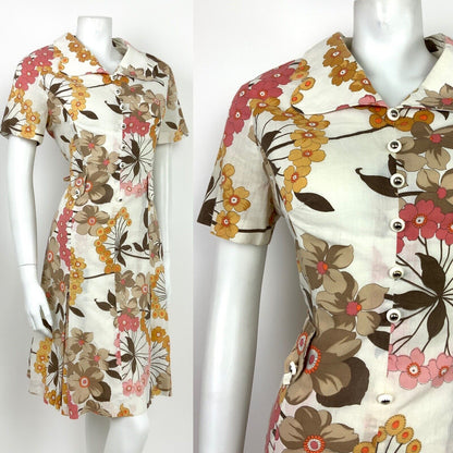 VINTAGE 60s 70s WHITE BROWN YELLOW PINK FLORAL CLOVER COLLAR DRESS 12 14