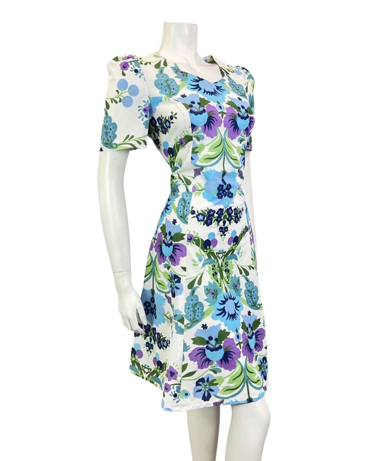 VINTAGE 60s 70s WHITE BLUE GREEN FLORAL LEAFY MOD SUMMER SHORT DRESS 14 16