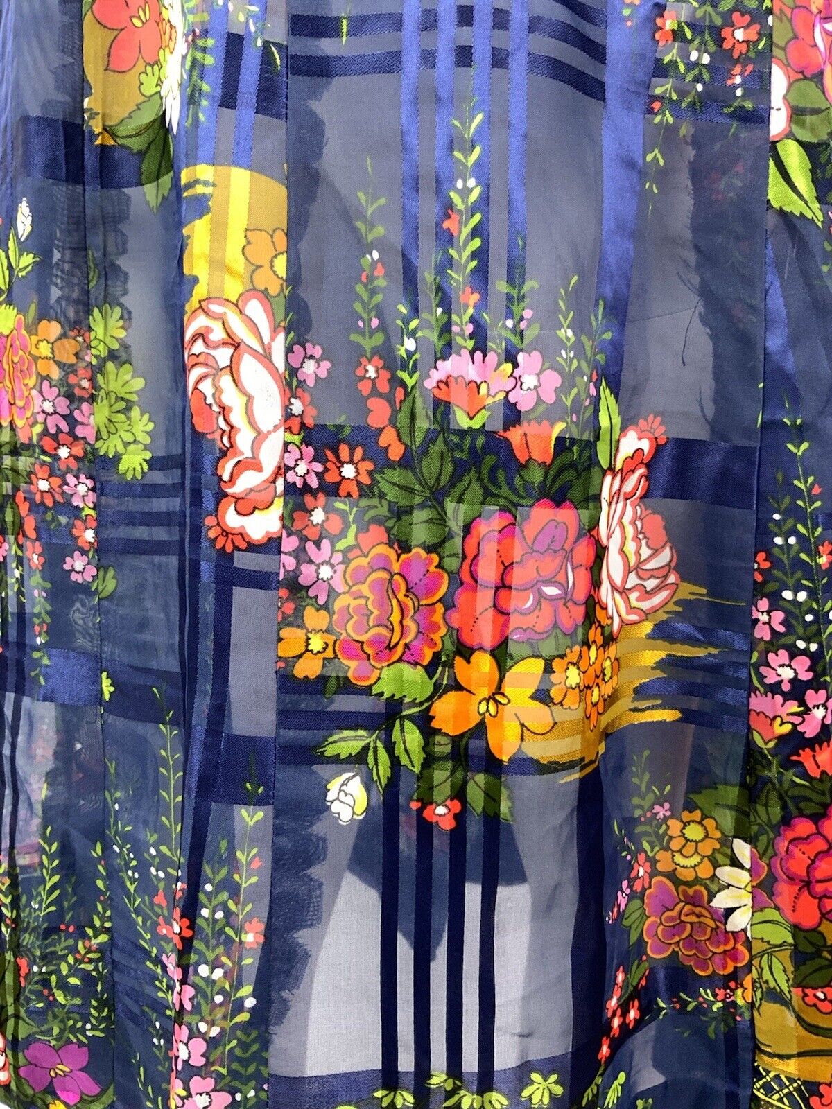 VTG 60s 70s BLUE PINK YELLOW GREEN FLORAL PLAID PUSSYBOW SHEER SHIRT DRESS 14 16