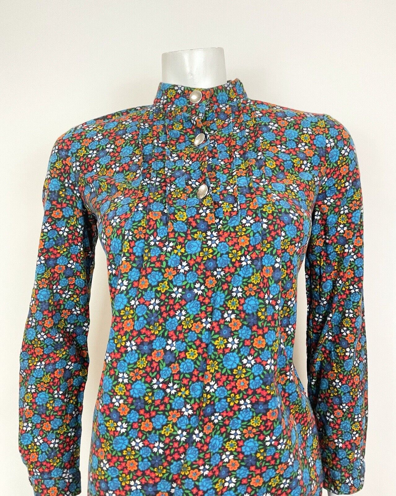VINTAGE 60s 70s BLUE GREEN ORANGE DITSY FLORAL ROSE MOD SHIFT DRESS 10 12