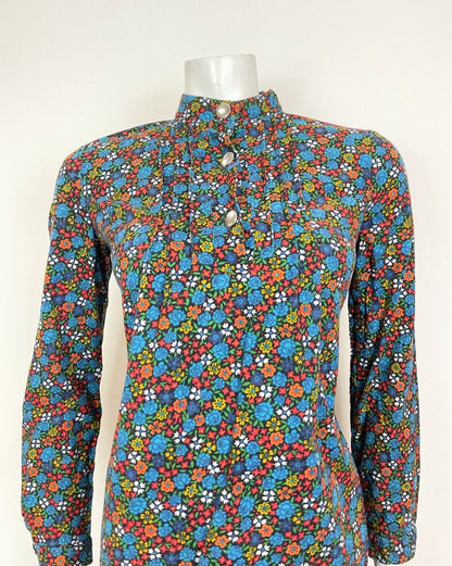 VINTAGE 60s 70s BLUE GREEN ORANGE DITSY FLORAL ROSE MOD SHIFT DRESS 10 12