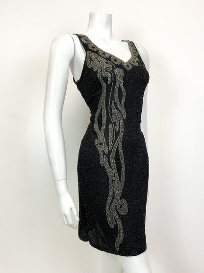 VINTAGE 70s 80s BLACK GREY SILVER BEADED SEQUIN STUDIO 54 GLAM PARTY DRESS 12