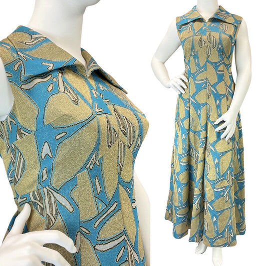 VINTAGE 60s 70s BLUE GOLD PSYCHEDELIC WING COLLAR SLEEVELESS MAXI DRESS 16