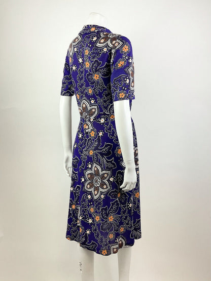 VINTAGE 60s 70s PURPLE WHITE ORANGE PSYCHEDELIC FLORAL DOTTY SHIRT DRESS 12