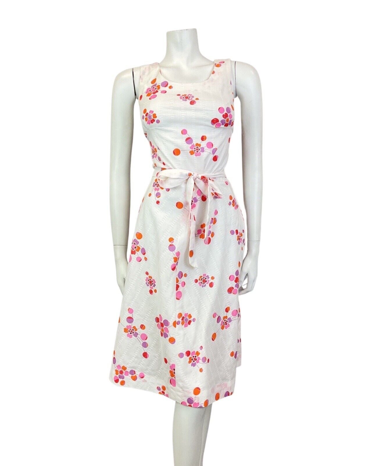 VINTAGE 60s 70s WHITE RED PINK FLORAL DOTTY MOD SLEEVELESS SUMMER DRESS 10