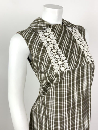 VINTAGE 60s 70s BROWN WHITE PLAID CHECKED LACE MOD SHIFT DRESS 12 14