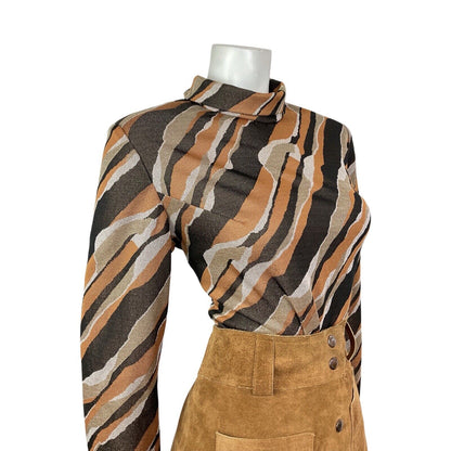 VTG 60s 70s BROWN ORANGE GOLD WHITE STRIPED LUREX PARTY MOD TURTLENECK TOP 16