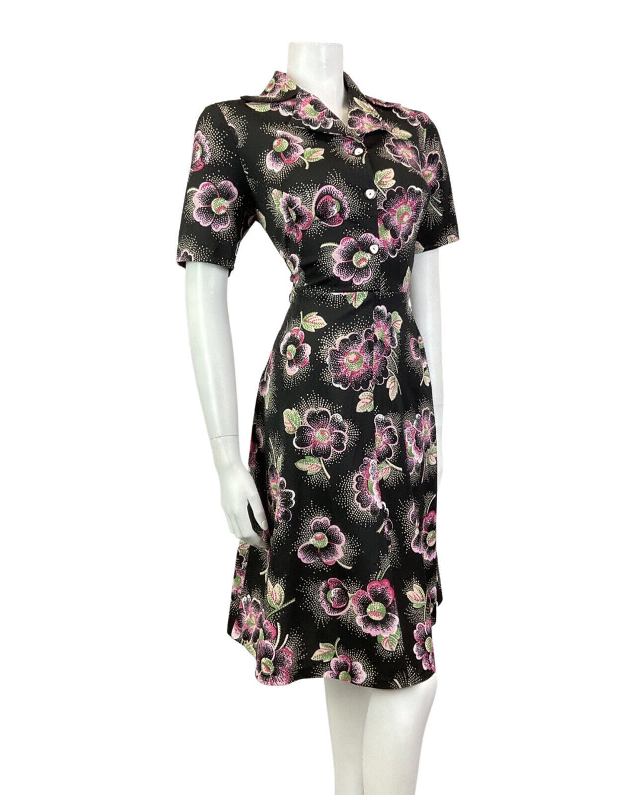 VINTAGE 60s 70s BLACK WHITE PINK FLORAL DOTTY MOD DAGGER SHIRT DRESS 12 14