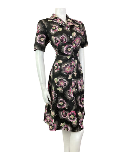VINTAGE 60s 70s BLACK WHITE PINK FLORAL DOTTY MOD DAGGER SHIRT DRESS 12 14