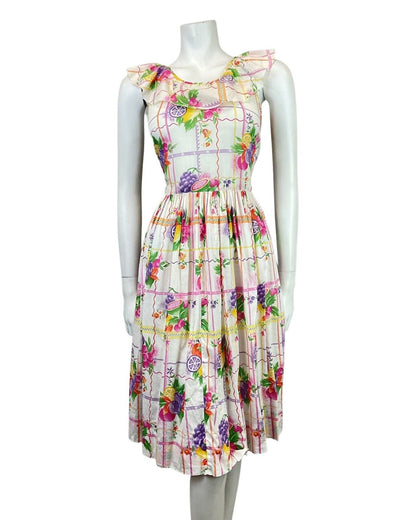 VINTAGE 60s 70s WHITE PURPLE GREEN YELLOW FLORAL FRUITS RUFFLED SUMMER DRESS 8