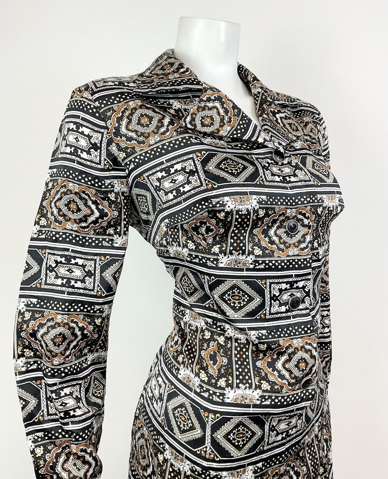 VTG 60s 70s BLACK BROWN WHITE PSYCHEDELIC TILED BAROQUE ORNATE SHIRT DRESS 14