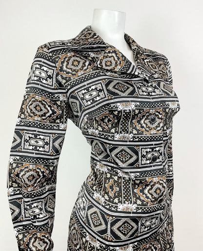 VTG 60s 70s BLACK BROWN WHITE PSYCHEDELIC TILED BAROQUE ORNATE SHIRT DRESS 14