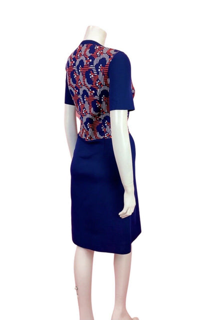VINTAGE 60s 70s BLUE RED WHITE GEOMETRIC DOTTY MOD KNITTED DRESS 12 14
