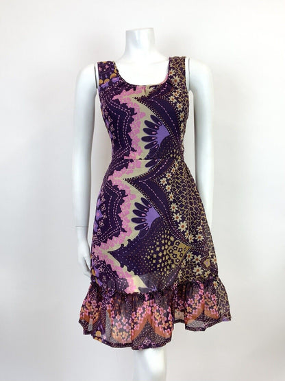 VINTAGE 60s 70s PURPLE PINK CREAM PSYCHEDELIC FLORAL SHEER MOD DRESS 10