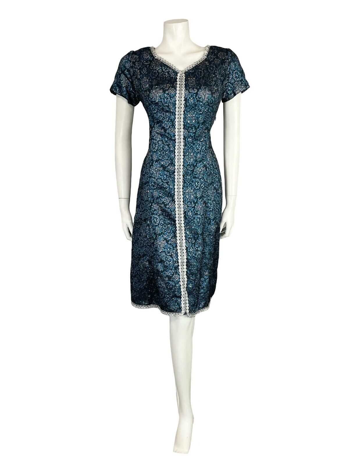 VTG 60S BLUE BLACK SILVER LUREX METALLIC BROCADE TRIM PARTY MIDI DRESS 10 12