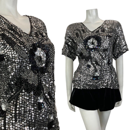 VINTAGE 70s 80s SILVER BLACK SEQUIN BEADED FLORAL DISCO GLAM PARTY TOP 14 16