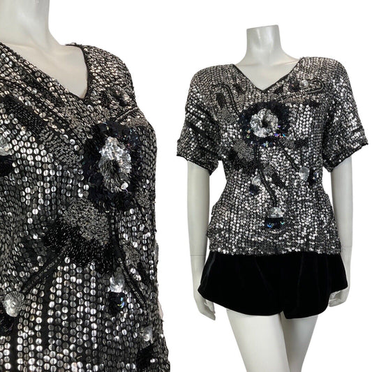 VINTAGE 70s 80s SILVER BLACK SEQUIN BEADED FLORAL DISCO GLAM PARTY TOP 14 16